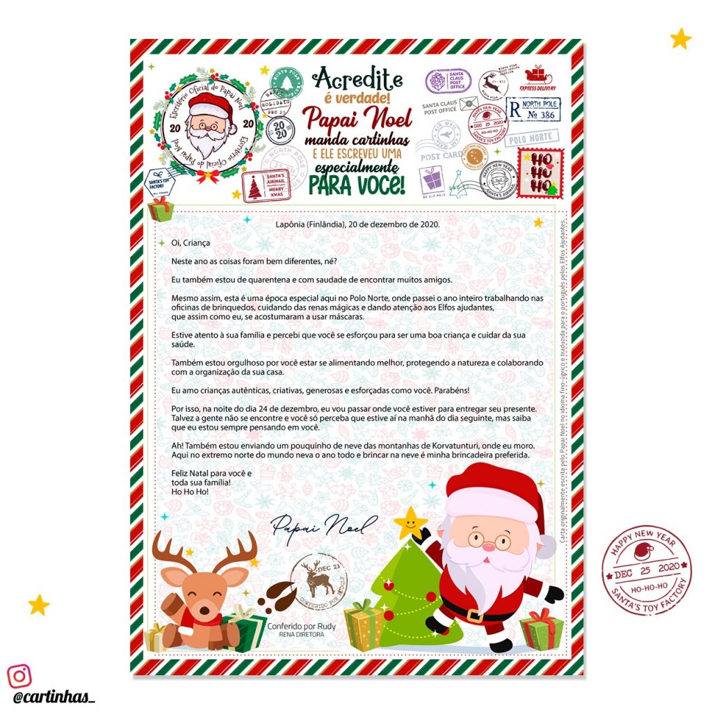 Carta do Papai Noel com neve, selos e carimbos do Polo Norte -